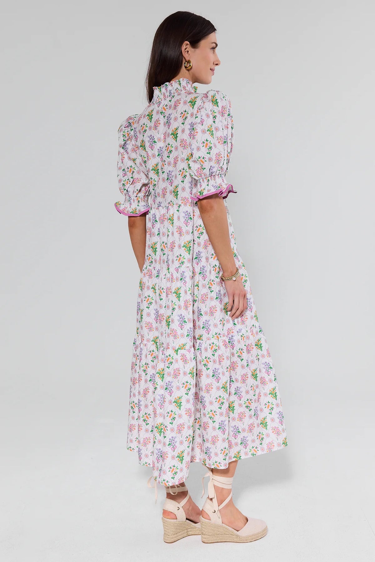 Maya White Floral Maxi Dress back view, smocked waist, puff sleeves, ankle-length modest floral dress | Avara