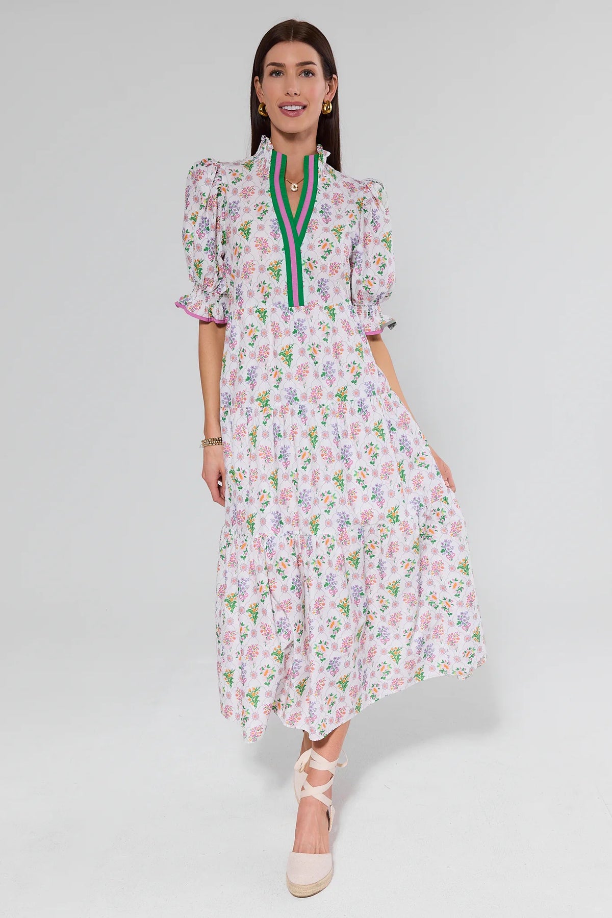 Maya White Floral Maxi Dress full front view, tiered a-line silhouette, styled with espadrille wedges | Avara