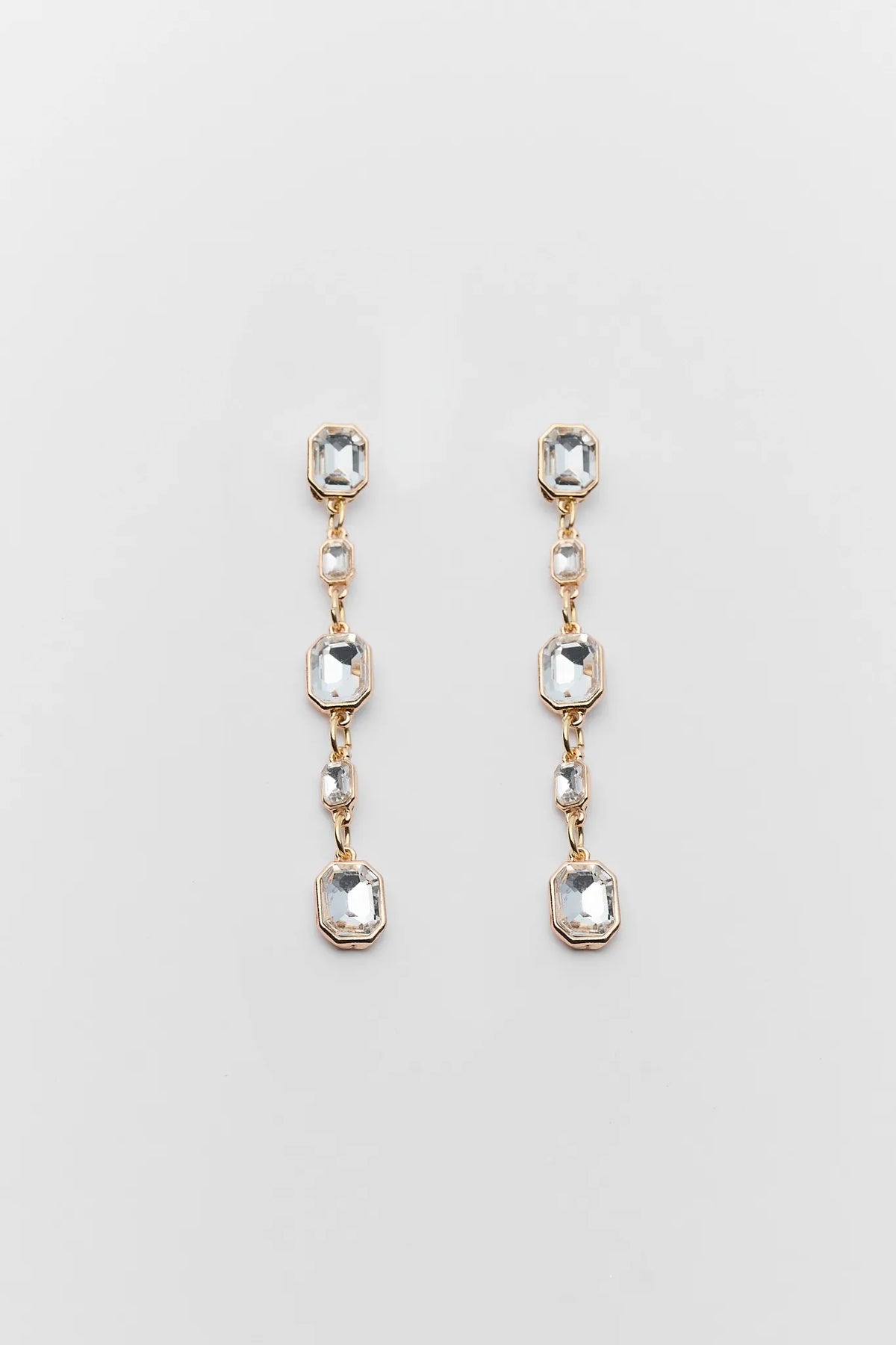 Diana Gold Rhinestone Drop Earrings - Multi-Stone Flat Lay Detail | Avara