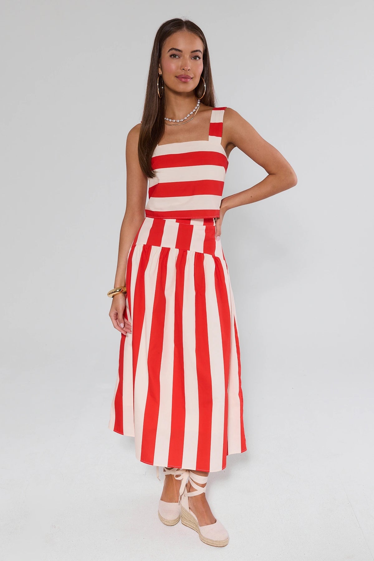 Veronica Red Striped Tank Top full-length front view, styled as matching set with midi skirt | Avara