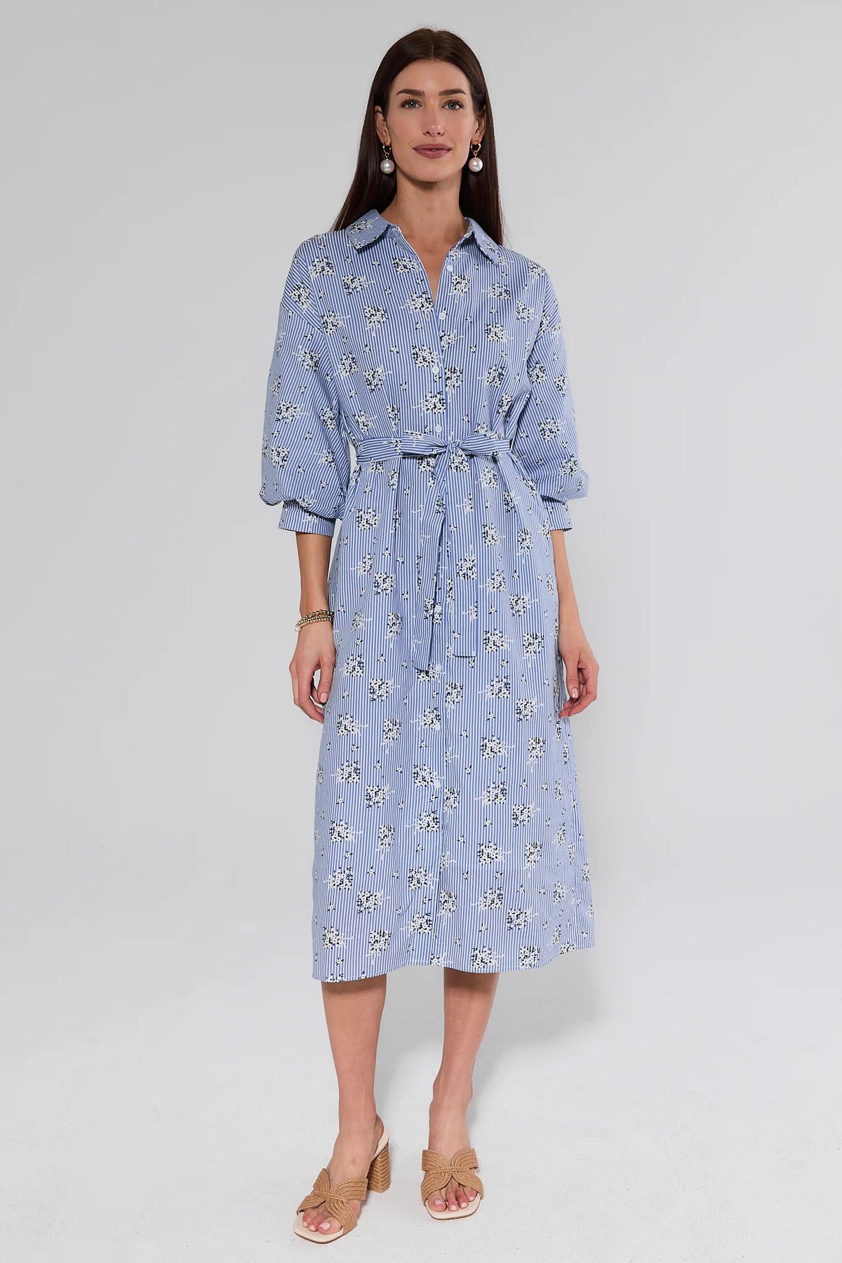 Summerlyn Blue Striped Floral Midi Dress - Full Length Front View with Tan Sandals | Avara