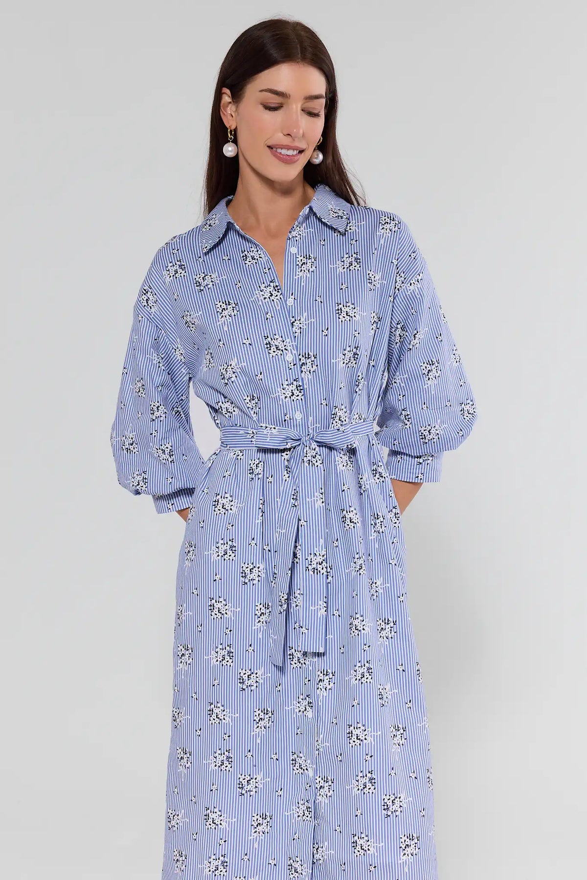 Summerlyn Blue Striped Floral Midi Dress - Front View, Belted Waist & 3/4 Sleeves | Avara