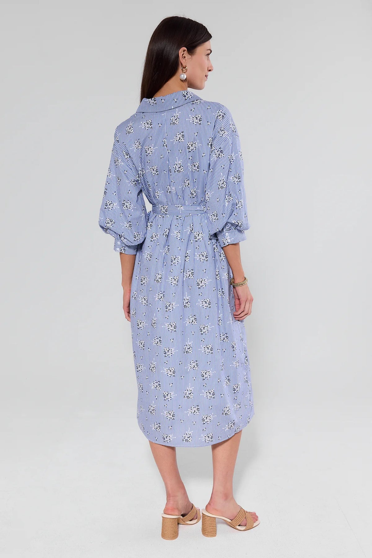 Summerlyn Blue Striped Floral Midi Dress - Back View Showing Modest Coverage & Midi Length | Avara