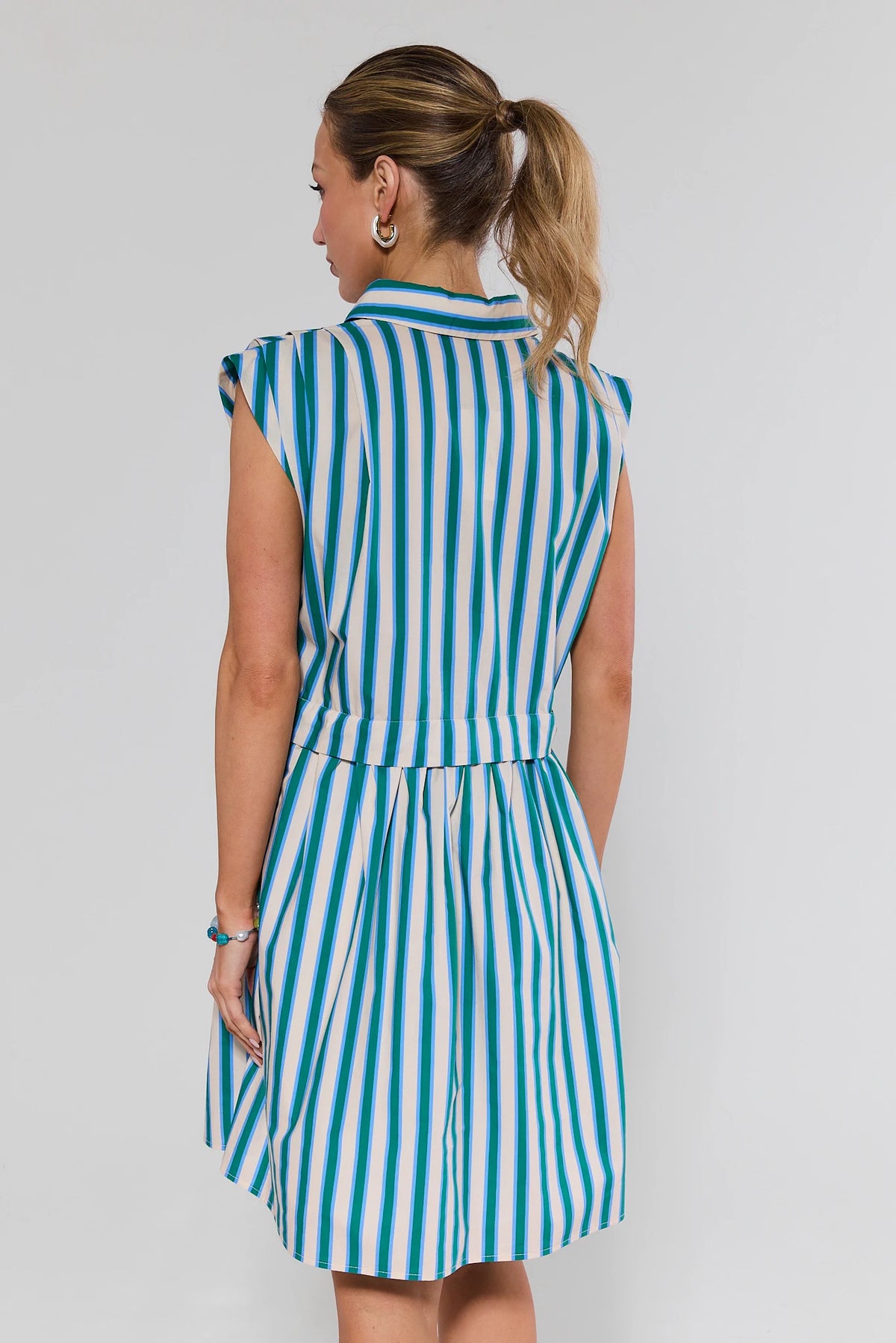 Evie Green Striped Short Dress - Back View On Model Showing A-Line Silhouette | Avara