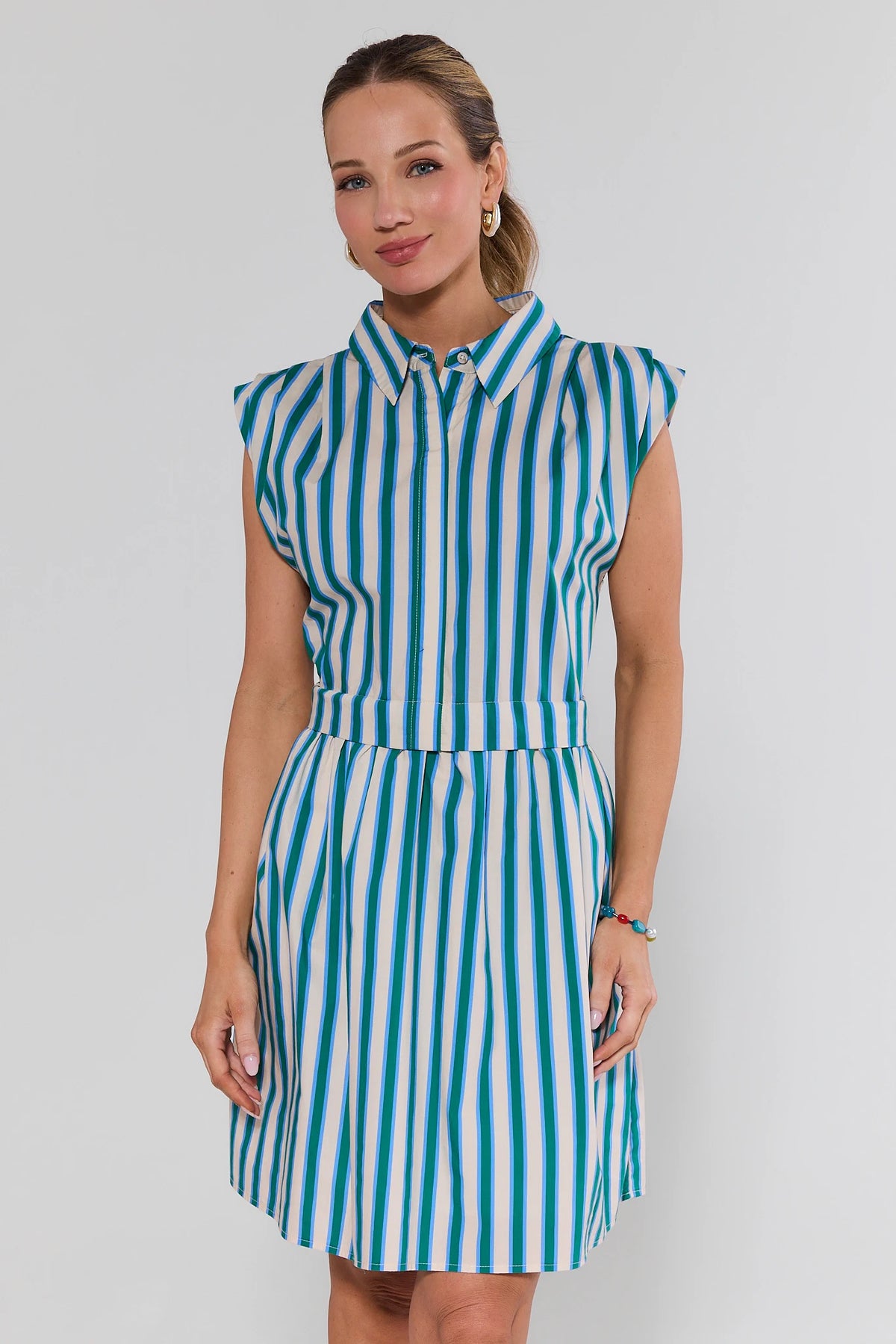 Evie Green Striped Short Dress - Front View On Model | Avara