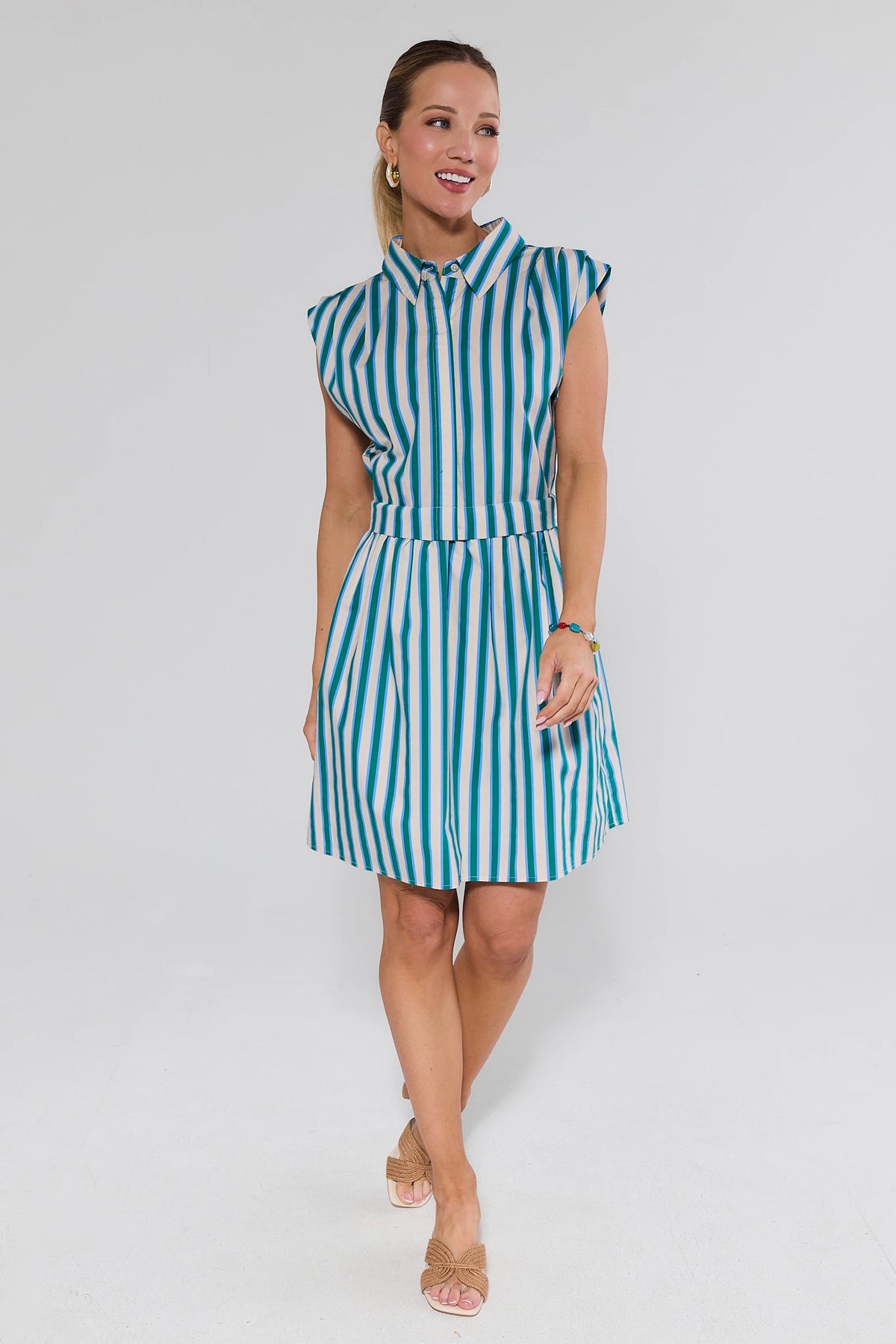 Evie Green Striped Short Dress - Full Length Side Angle On Model | Avara
