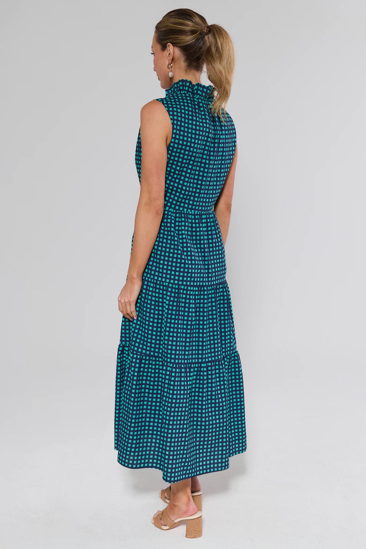 Christie Teal Gingham Maxi Dress - Back View, Ruffle Neckline & Full-Length Tiered Skirt | Avara