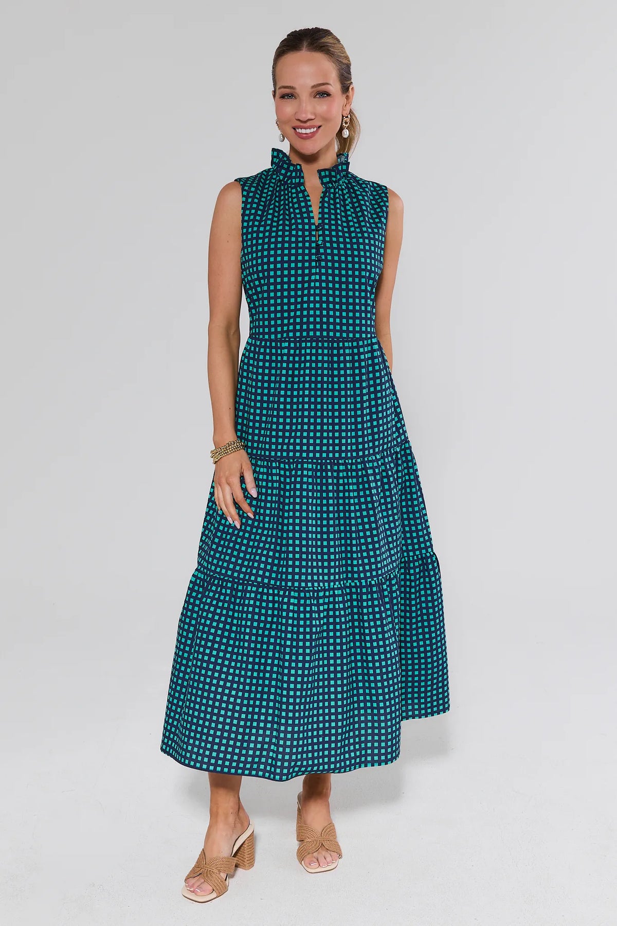 Christie Teal Gingham Maxi Dress - Front View, Tiered Modest Maxi with Ruffle Neckline | Avara