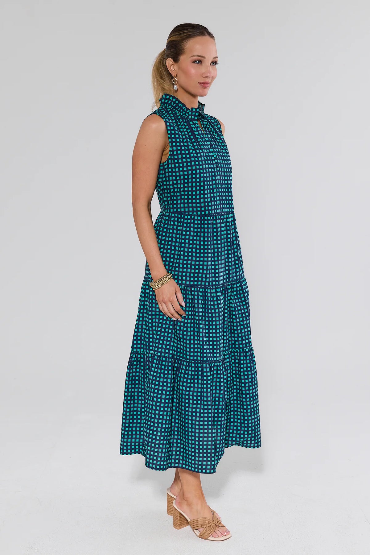 Christie Teal Gingham Maxi Dress - Side View, Sleeveless Tiered Modest Maxi with Block Heels | Avara