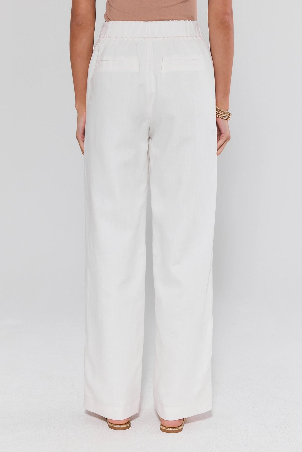 White Wide Leg Pants Back View Showing Elastic Waistband Detail, Women's Linen Trousers | Avara