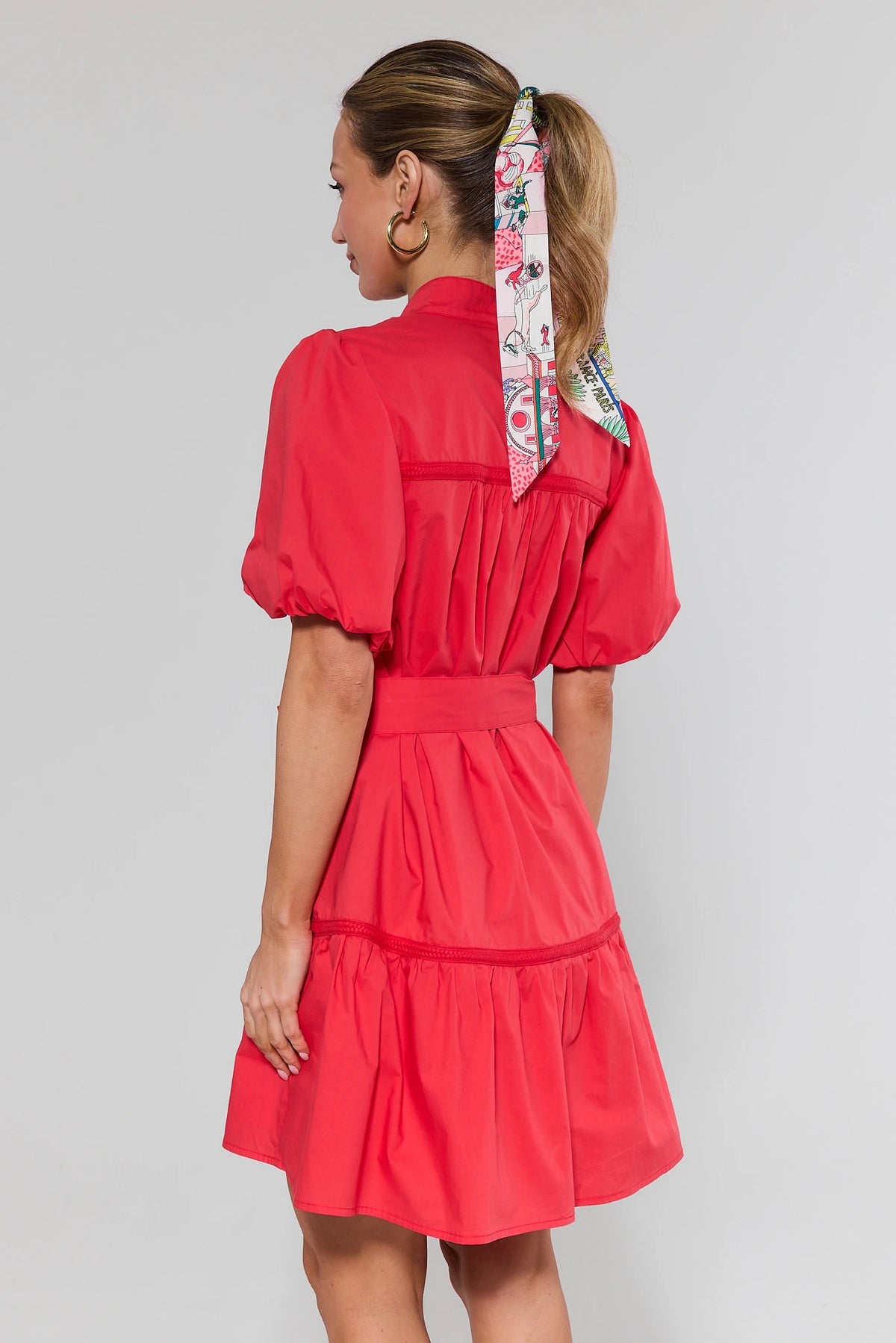 Jane Red Puff Sleeve Short Dress with tiered skirt and braided trim - Back View | Avara