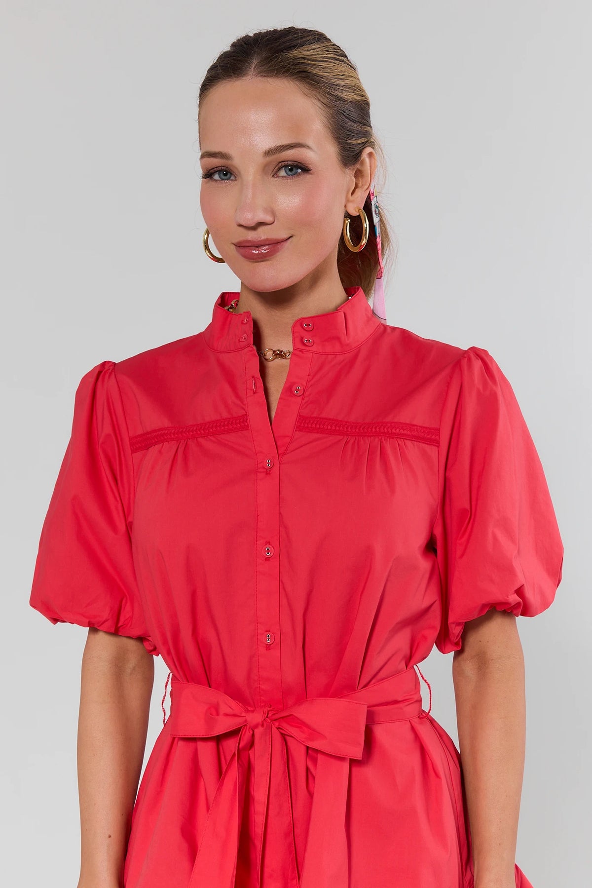 Jane Red Puff Sleeve Short Dress - braided trim, mandarin collar, and self-tie waist - Close-Up Detail | Avara