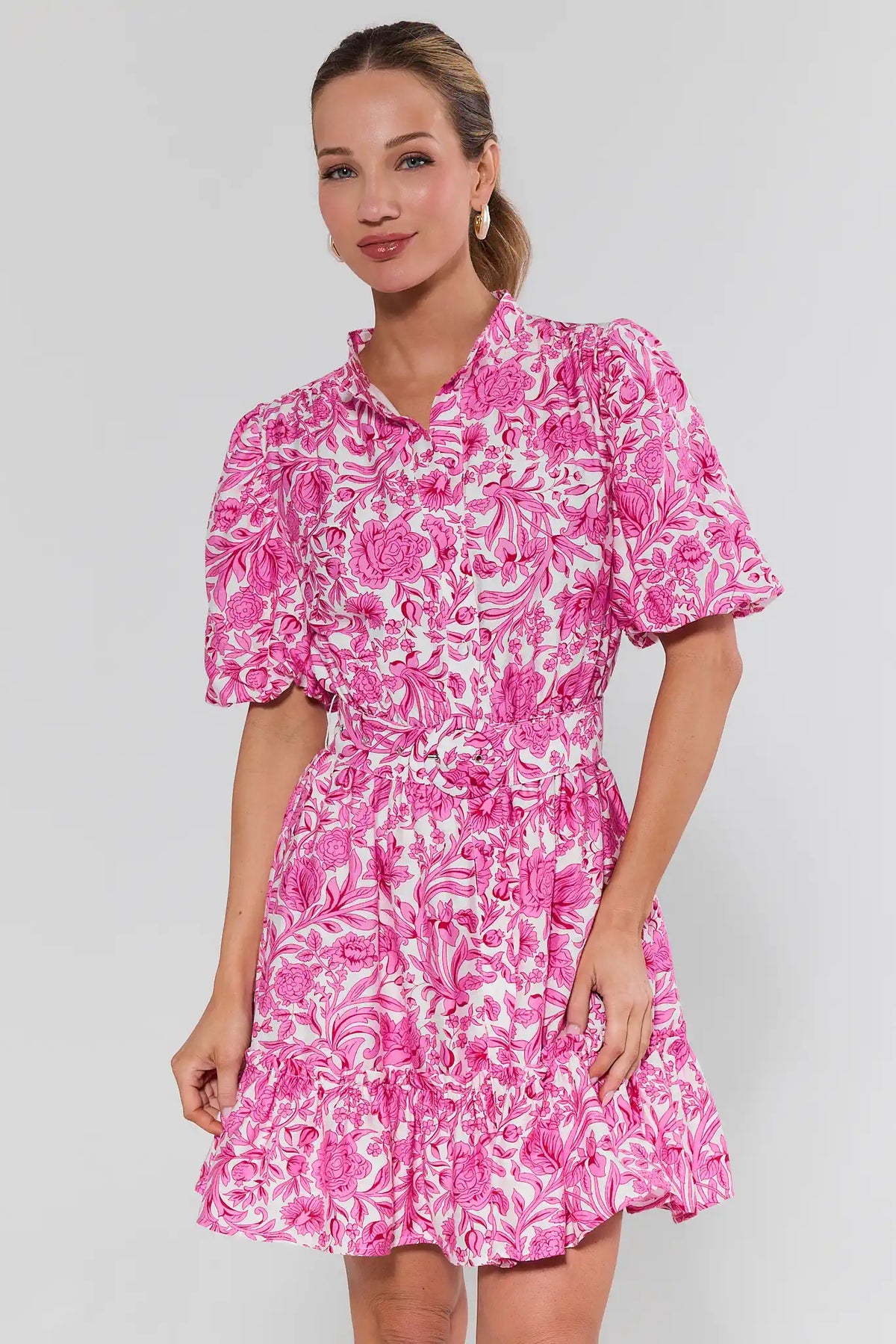 Sloane Pink Floral Short Dress - Front View, puff sleeves and ruffle neckline | Avara