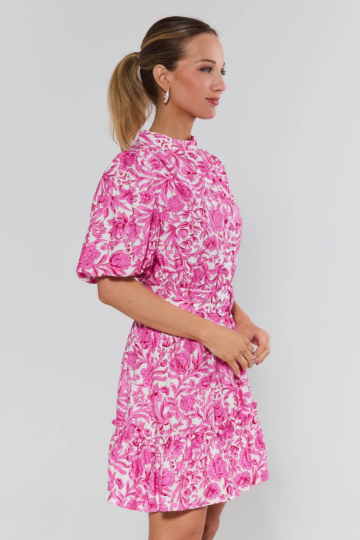 Sloane Pink Floral Short Dress - Side Profile, puff sleeves and ruffled hem on floral dress | Avara