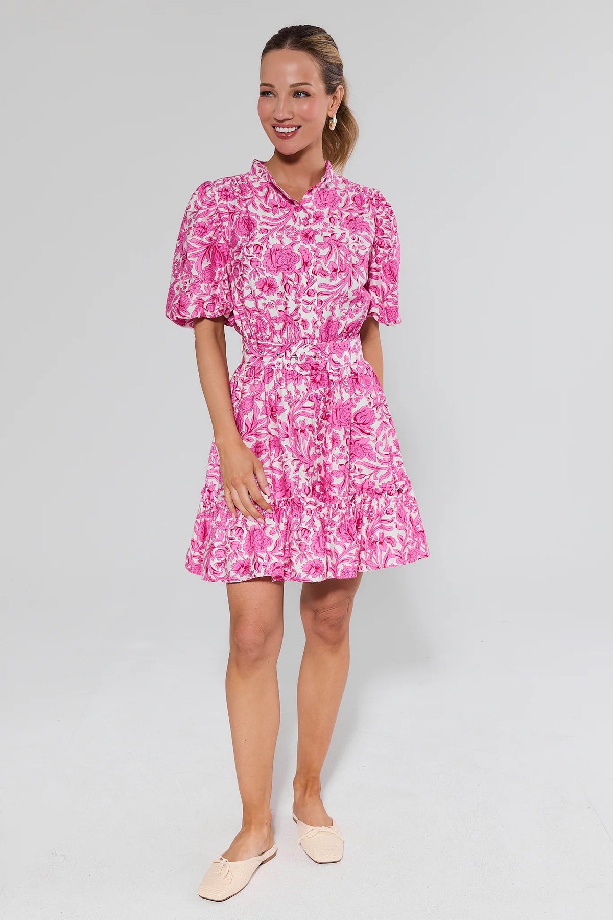 Sloane Pink Floral Short Dress - Full Length Front, A-line silhouette paired with cream flats | Avara