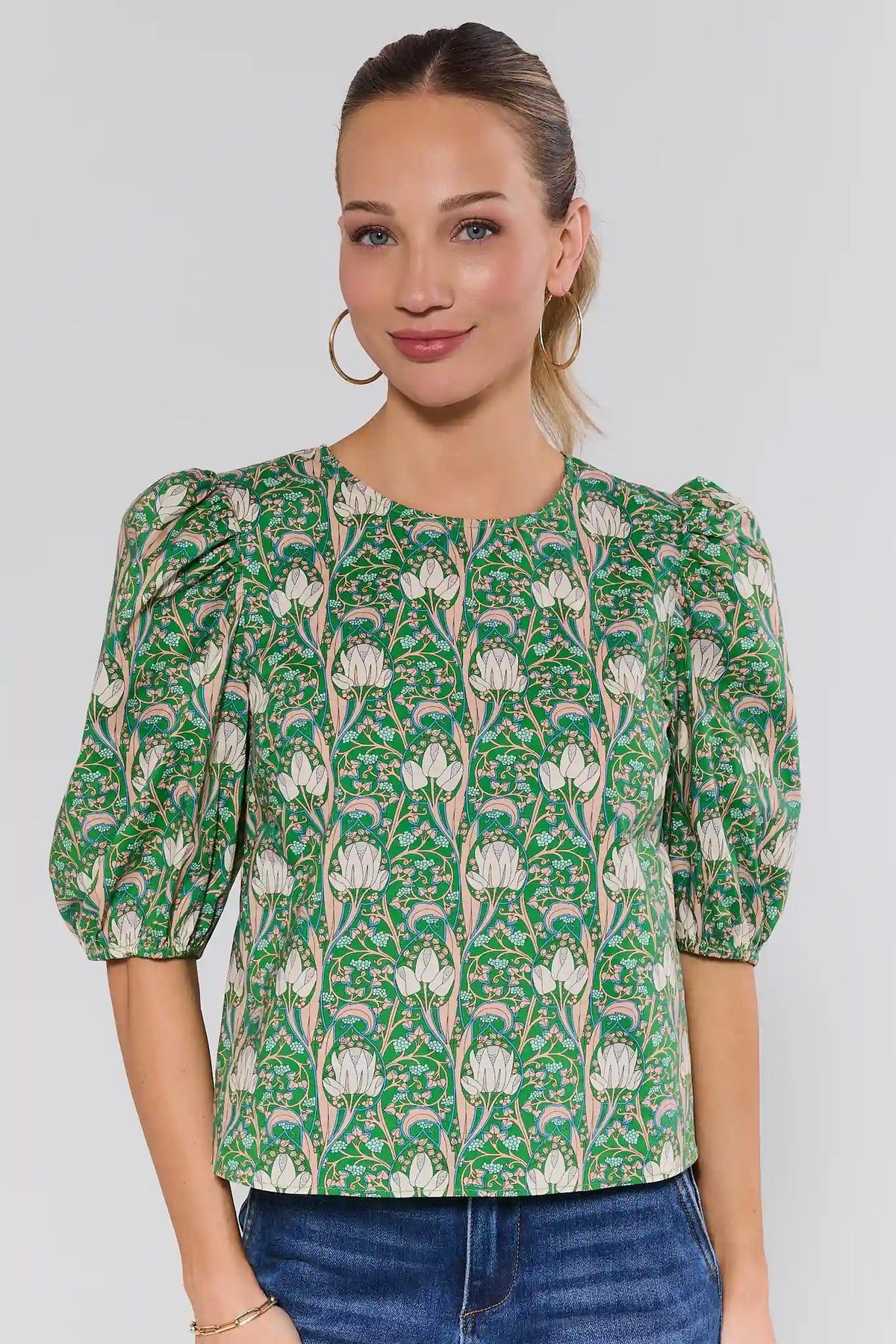 Kylie Green Printed Puff Sleeve Top, front view on model paired with denim | Avara
