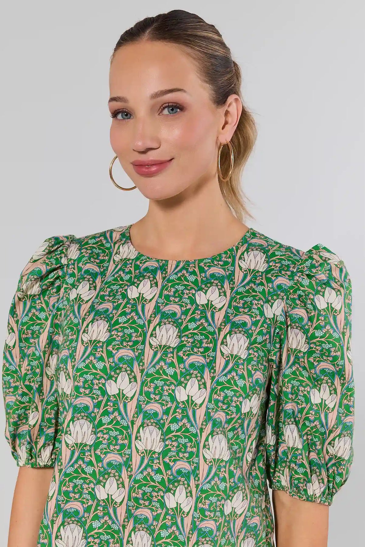 Kylie Green floral puff sleeve blouse close-up detail, round neckline and tulip print | Avara