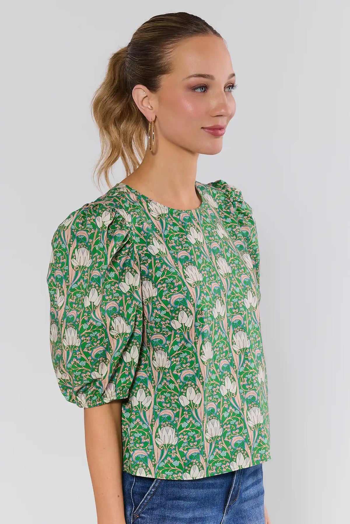 Kylie Green Printed Puff Sleeve Top side view showing gathered sleeve and modest coverage | Avara