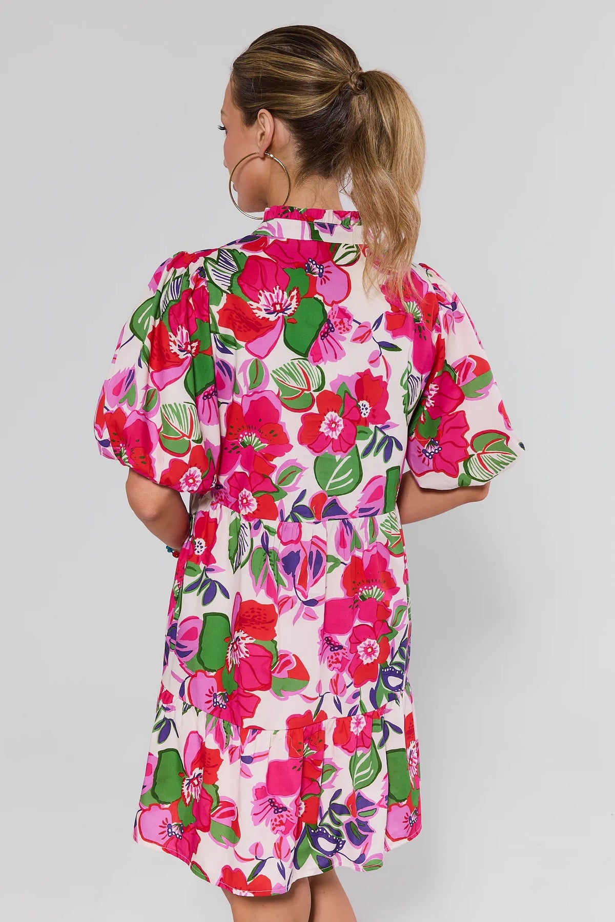 THML Genevieve cream floral short dress - Back View showing tiered hem, puff sleeves, and bold pink floral print | Avara