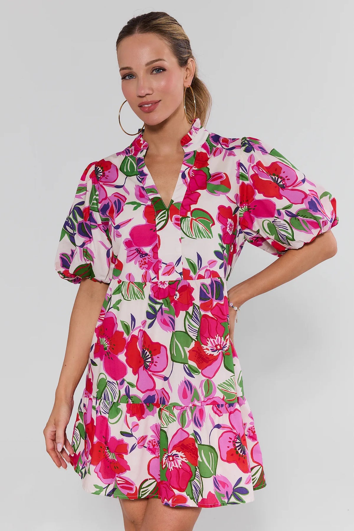 Genevieve Floral Short Dress by THML in cream with bold pink and red blooms, puff sleeves, V-neck - Front View | Avara