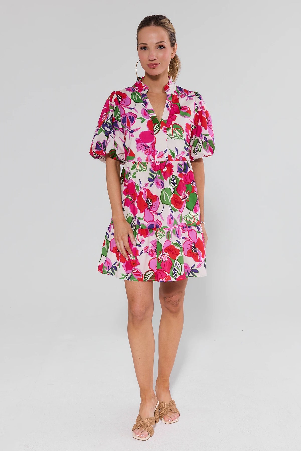 THML Genevieve cream floral short dress with puff sleeves and tiered hem, full-length front view styled with tan sandals | Avara