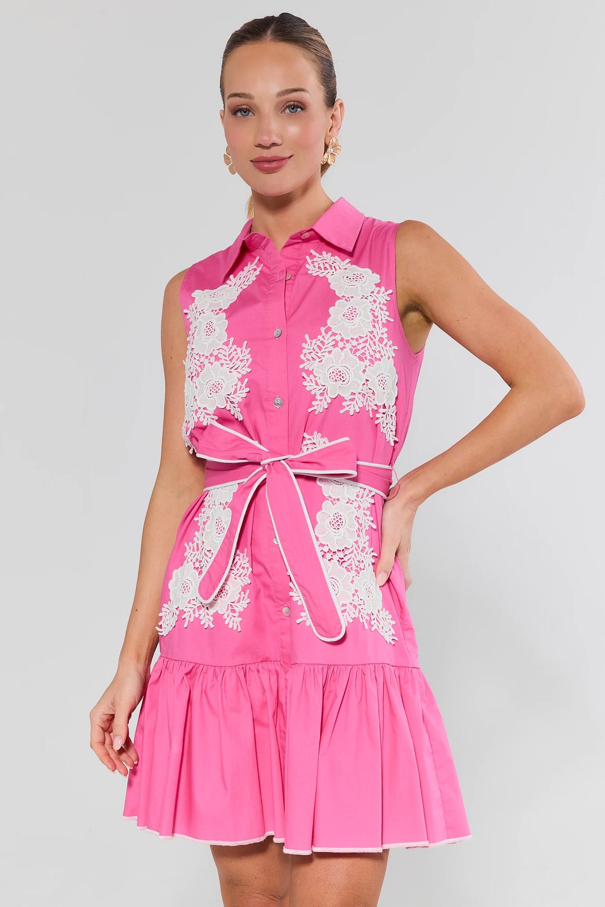 Norah Pink Button-Up Short Dress with white floral lace appliqué and tie belt - Front View | Avara