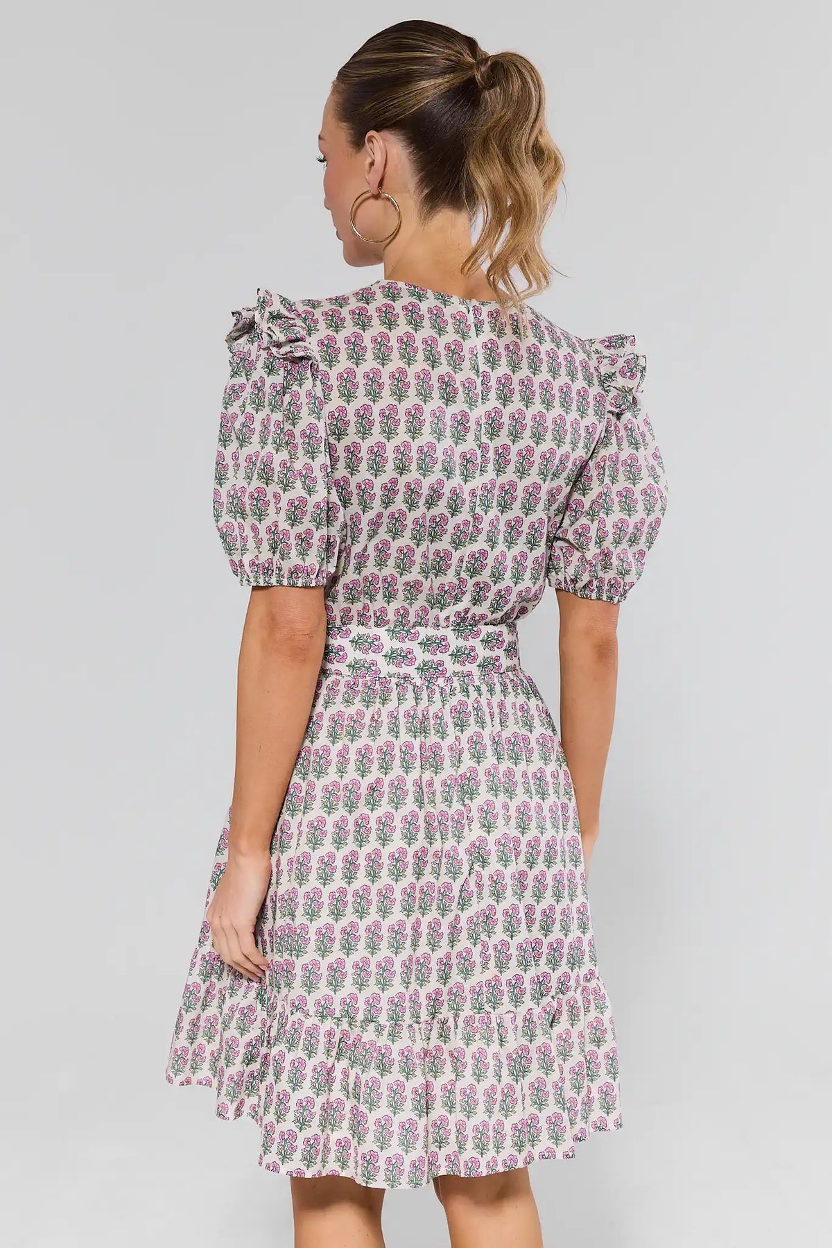 Cody White Floral Belted Dress puff sleeve and tiered A-line skirt - Back View | Avara