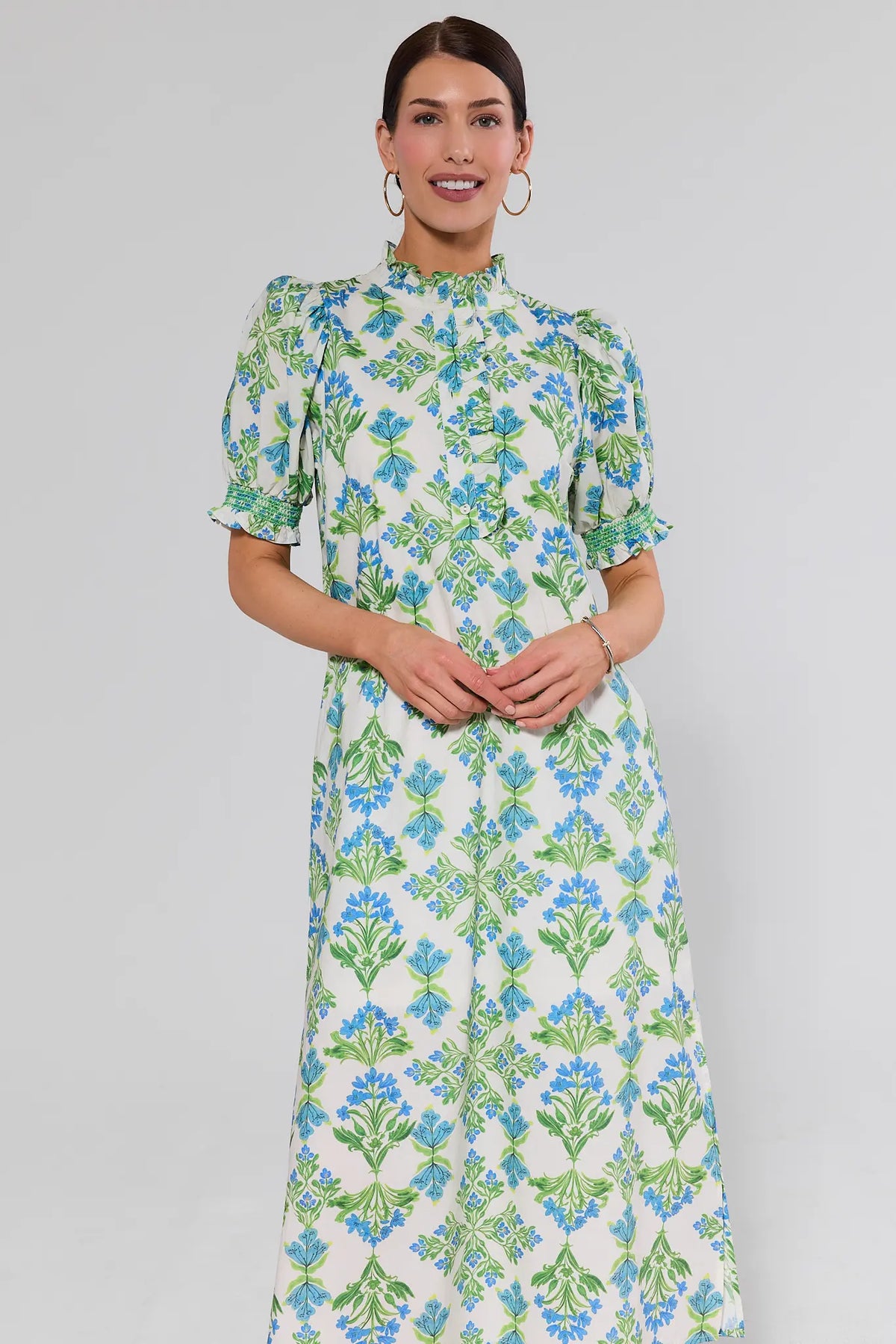 Elena White Floral Print Modest Midi Dress, puff sleeves & ruffle band collar - Front View | Avara