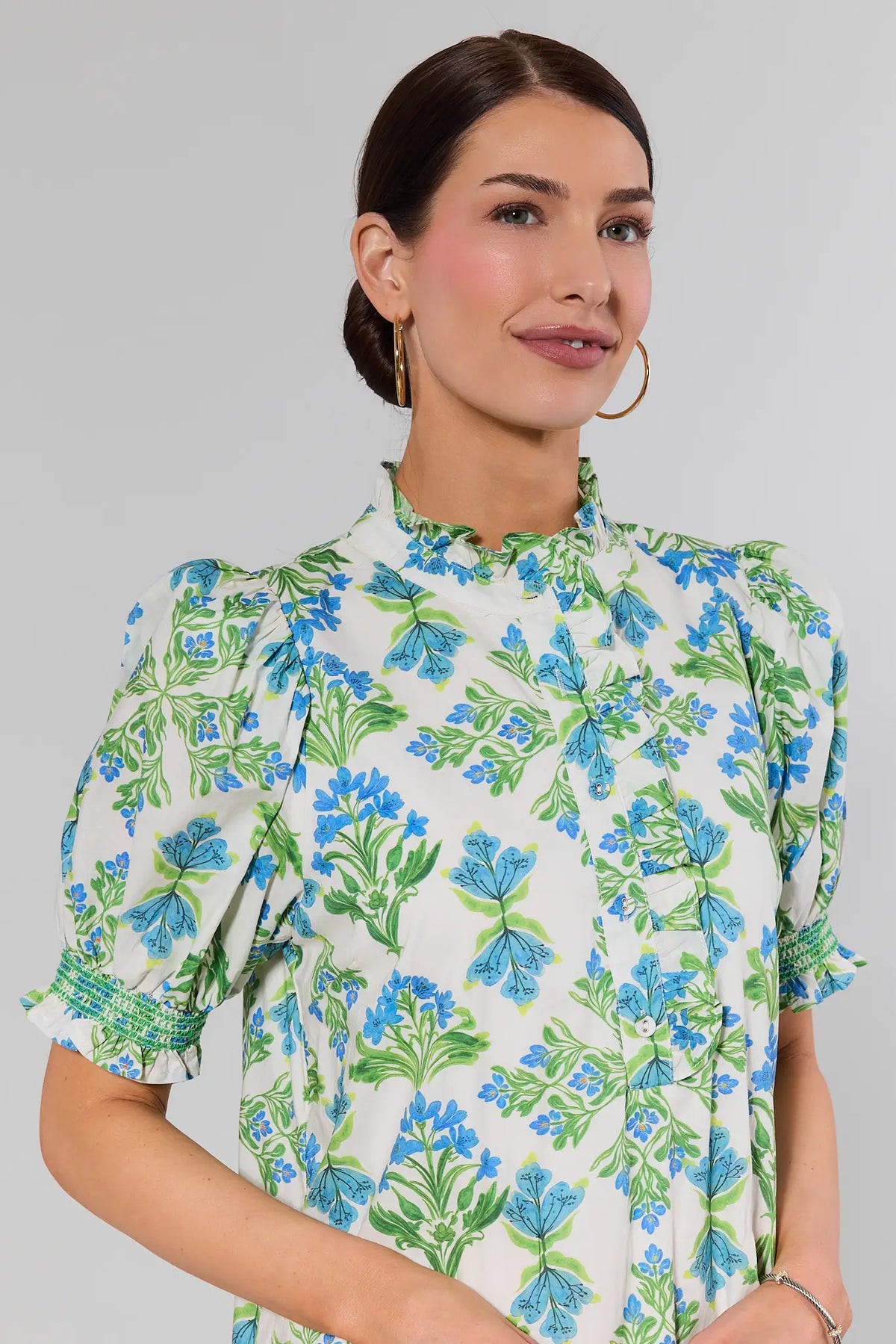 Elena White Floral Midi Dress close-up, smocked sleeve & ruffle neckline detail - Blue & Green Print | Avara