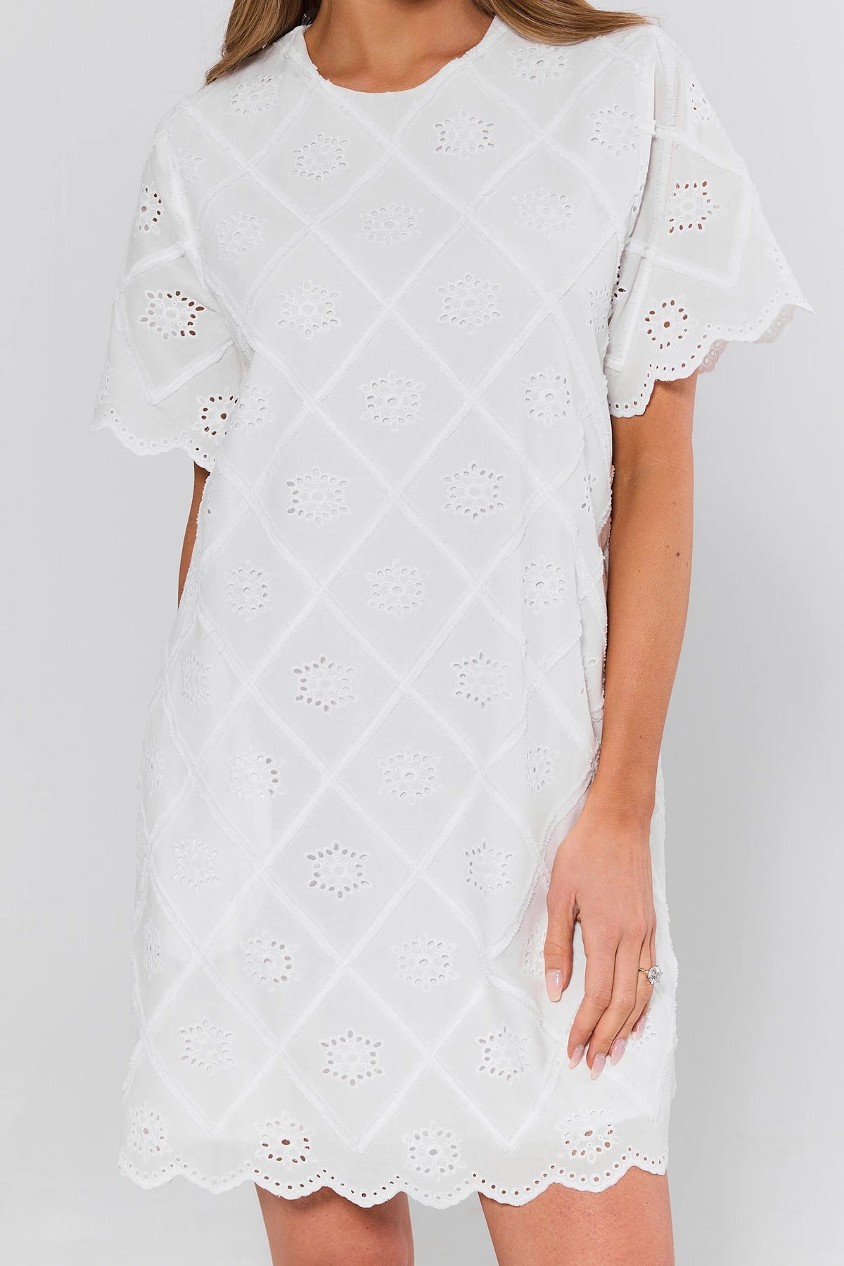 close up White lace dress on a plain background