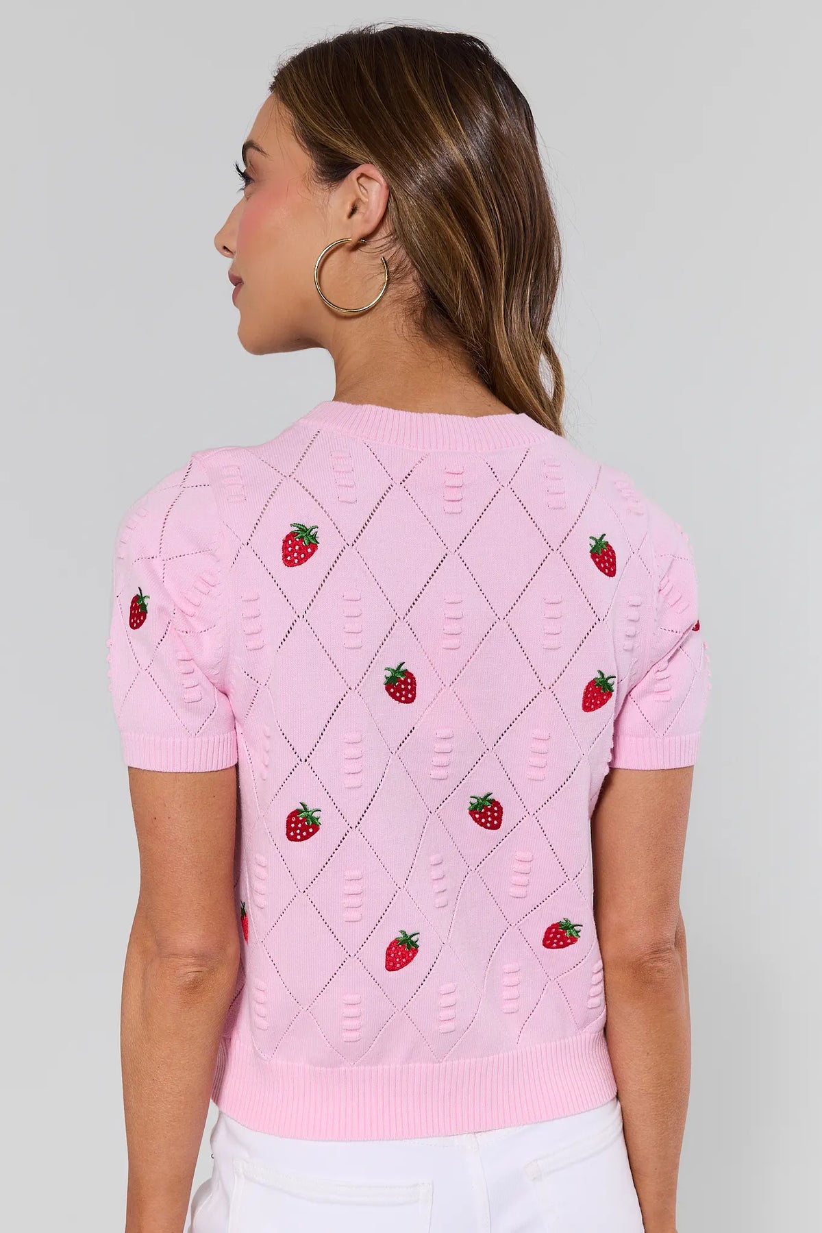 Pink Hartley Embroidered Top with strawberry pointelle knit - Back View | Avara