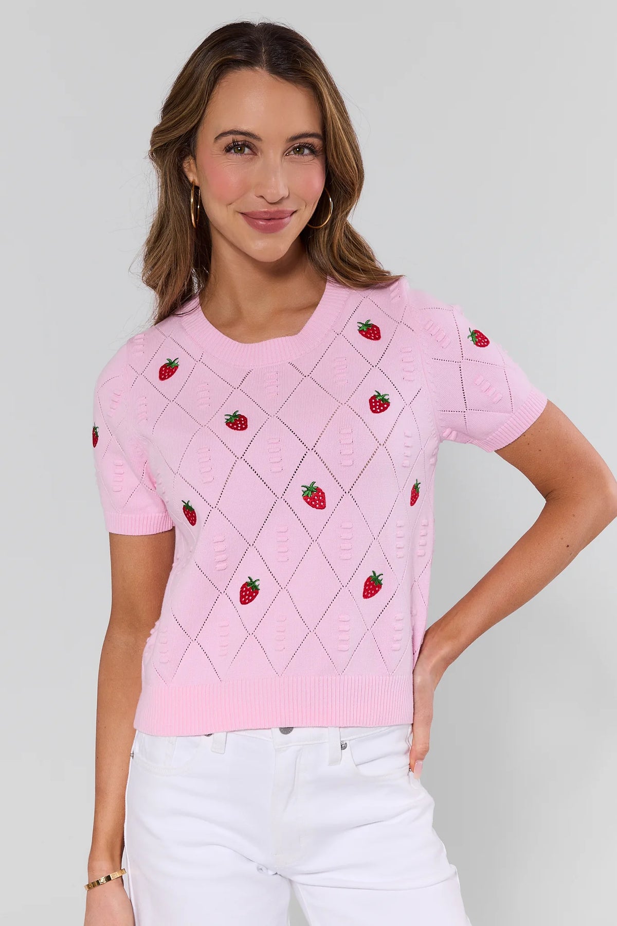 Pink pointelle-knit Hartley Embroidered Top with strawberry detail - Front View | Avara