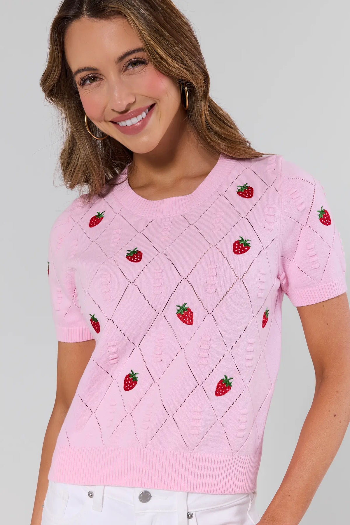 Pink strawberry embroidered Hartley Top pointelle knit close-up - On Model Detail | Avara