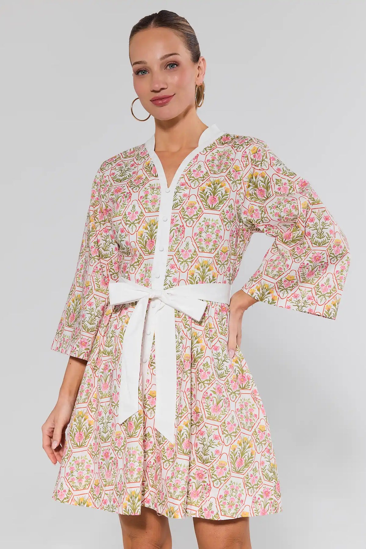 Cameron Multi Floral Short Dress with white belt, 3/4 sleeves, front view on model | Avara