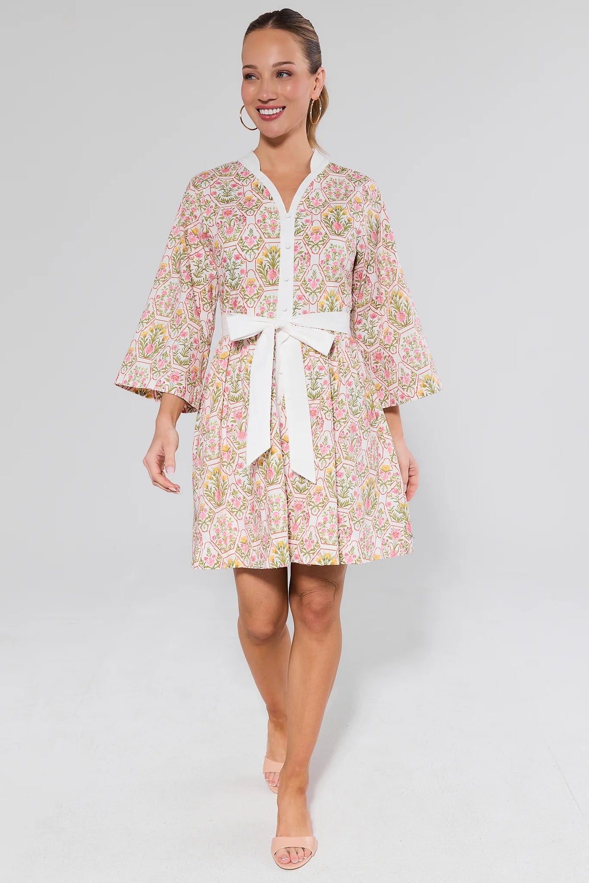 Cameron Multi Floral Short Dress full body front view, modest 3/4 sleeves, pink floral print | Avara