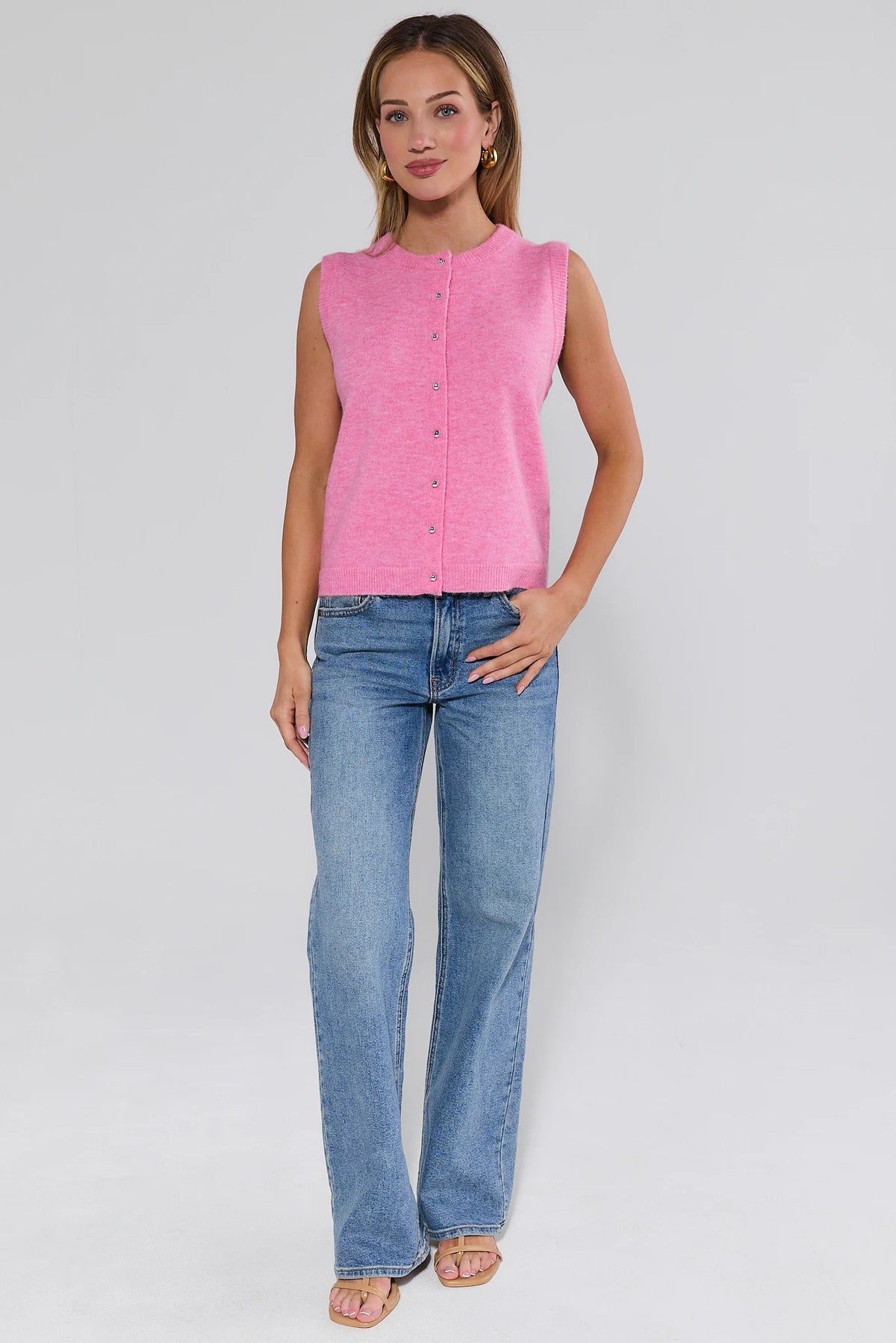 Pink sweater vest women's full-length styled look with wide-leg jeans and sandals - Martha | Avara