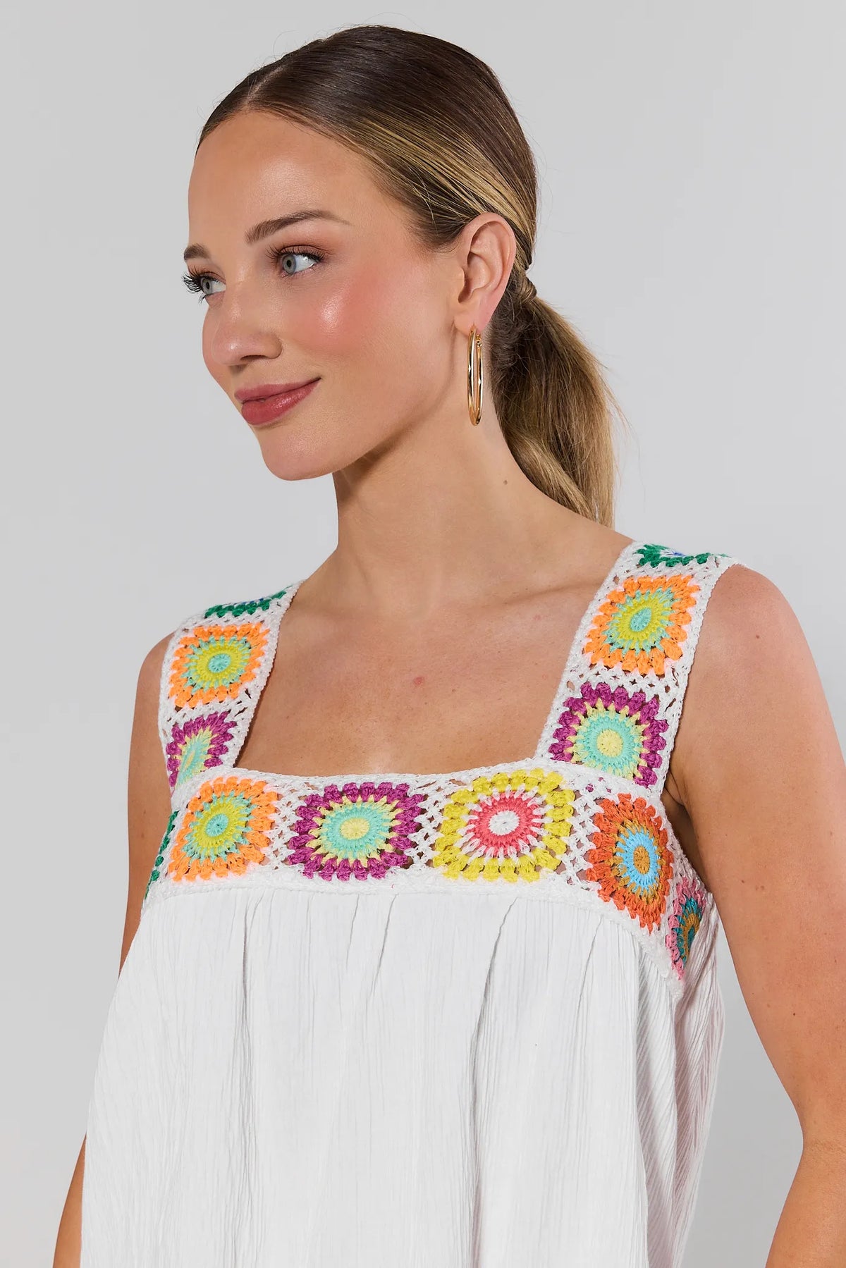 Poppy White Crochet Trim Top - Close-Up Neckline Detail, Multicolor Granny Square | Avara