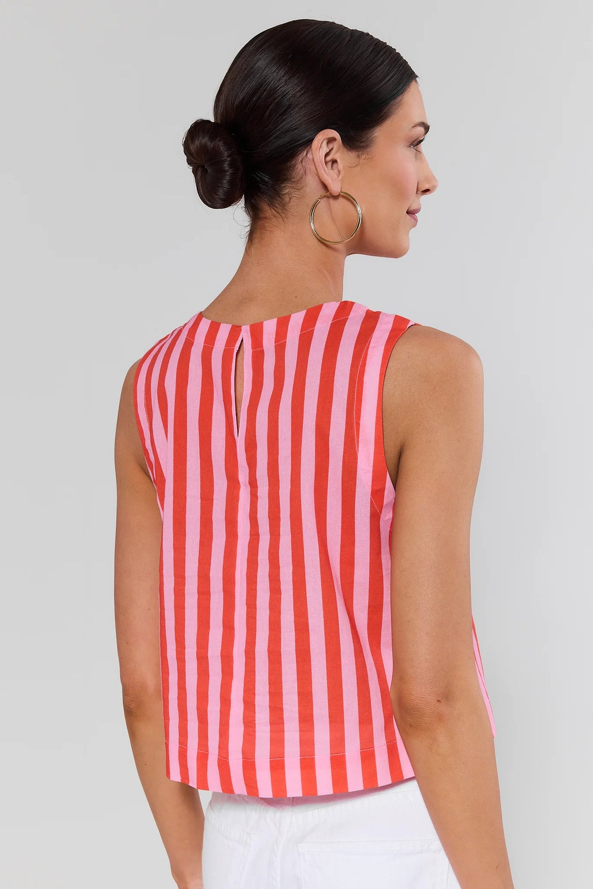 Back view of orange and pink striped Blaire Top showing keyhole detail and cropped cut | Avara