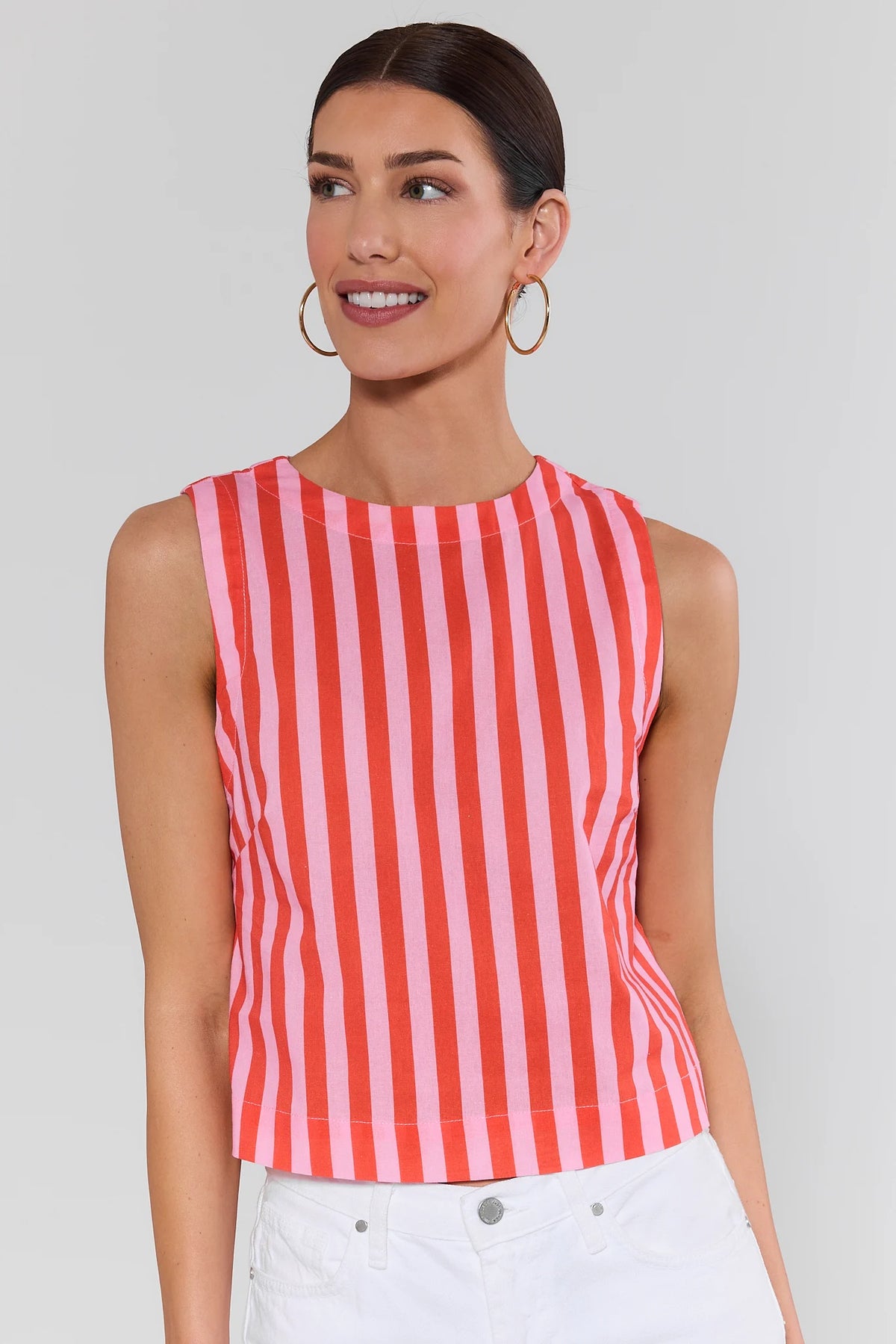 Orange and pink striped Blaire sleeveless cropped top, front view on model | Avara