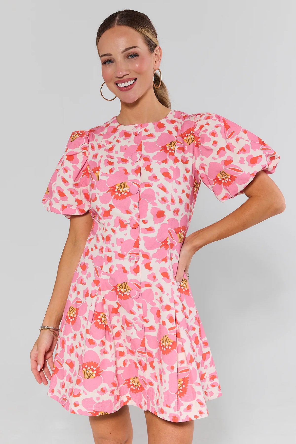 Ruth Pink Floral Print Short Dress with puff sleeves and round collar - Front View | Avara