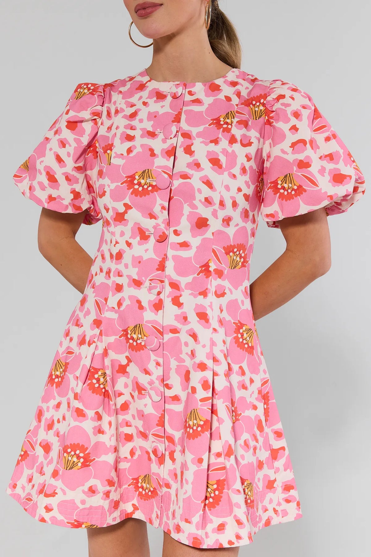 Ruth Pink Floral Short Dress close-up showing puff sleeve and button front detail | Avara