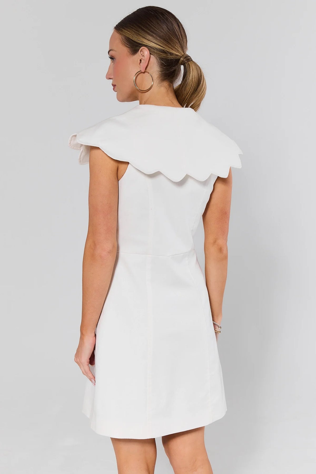 Kaia White Scalloped Collar Short Dress, back view showing oversized shawl collar and clean A-line hem | Avara