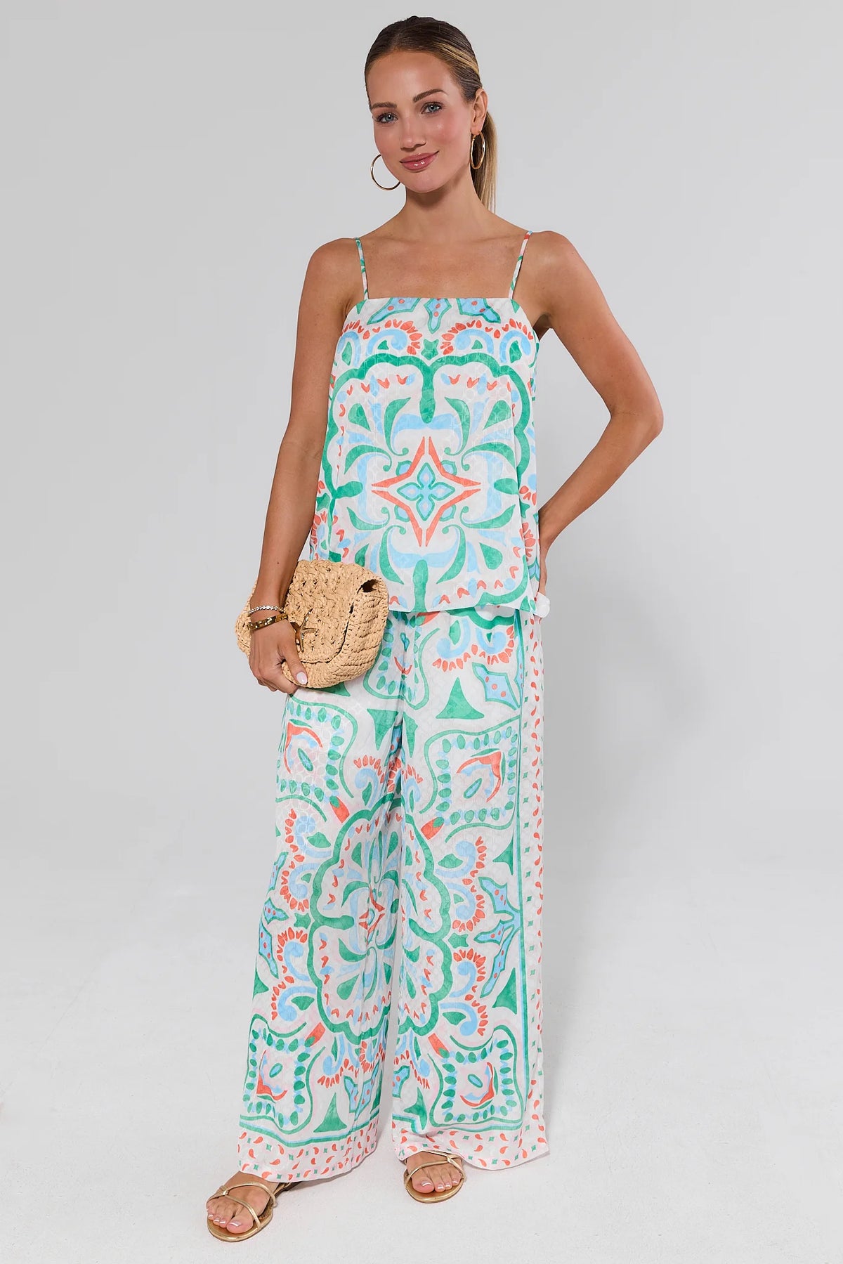 Katie Multi Printed Wide Leg Pants styled with matching top - Full On-Model Look, Printed Wide Leg Pant | Avara