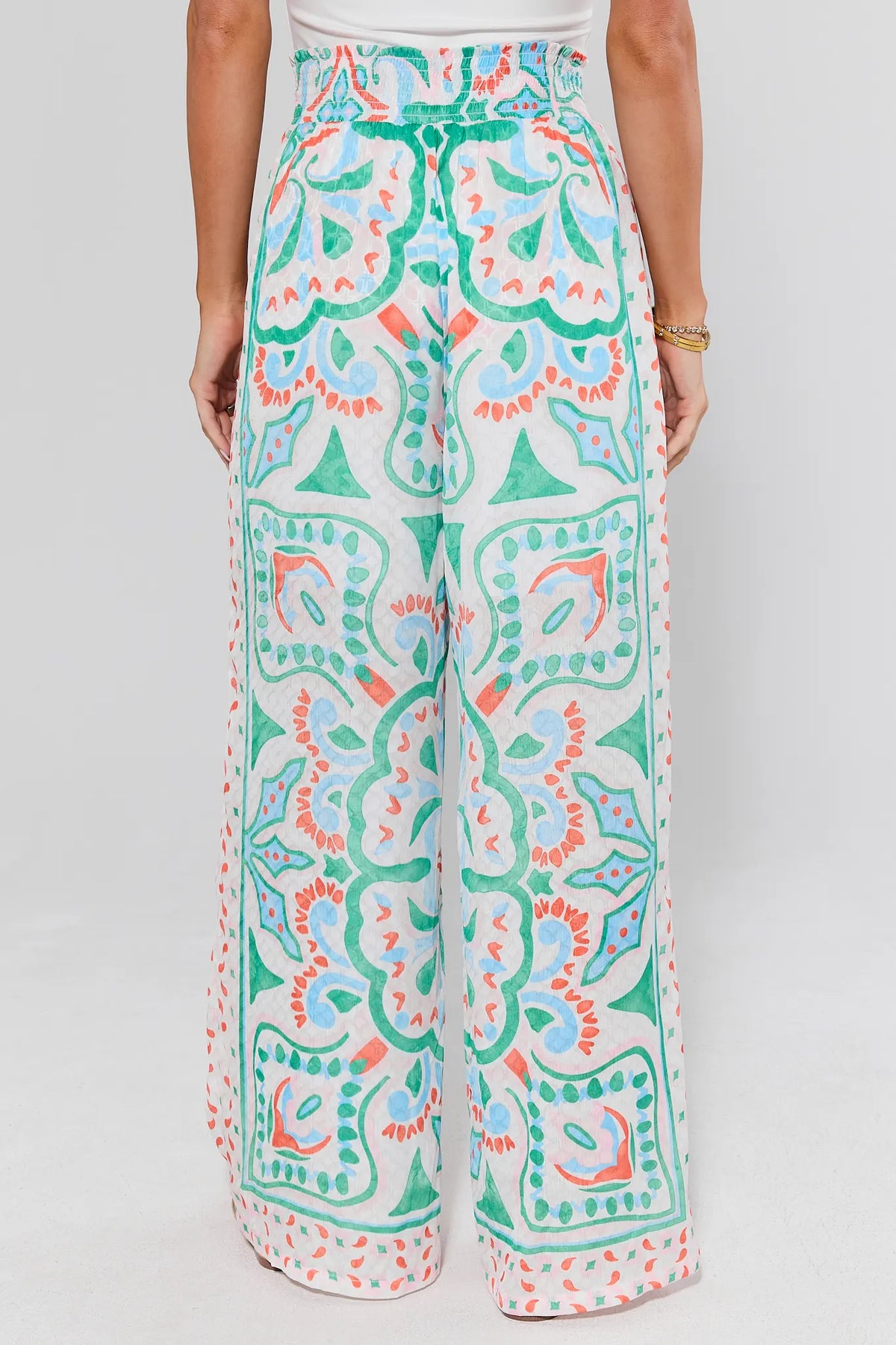 Katie Multi Printed Wide Leg Pants - Back View, Smocked Waistband Detail, Patterned Pants for Women | Avara