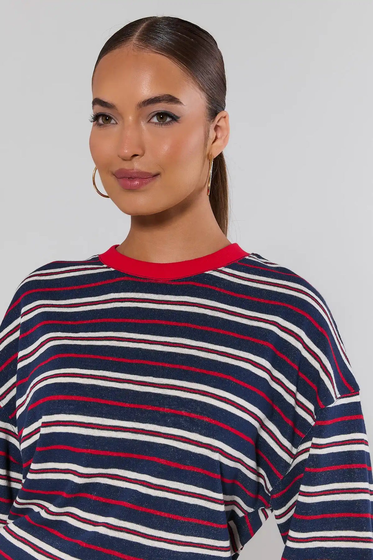 Mary Navy Striped Tee close-up of red, white, and navy horizontal stripes with red collar | Avara