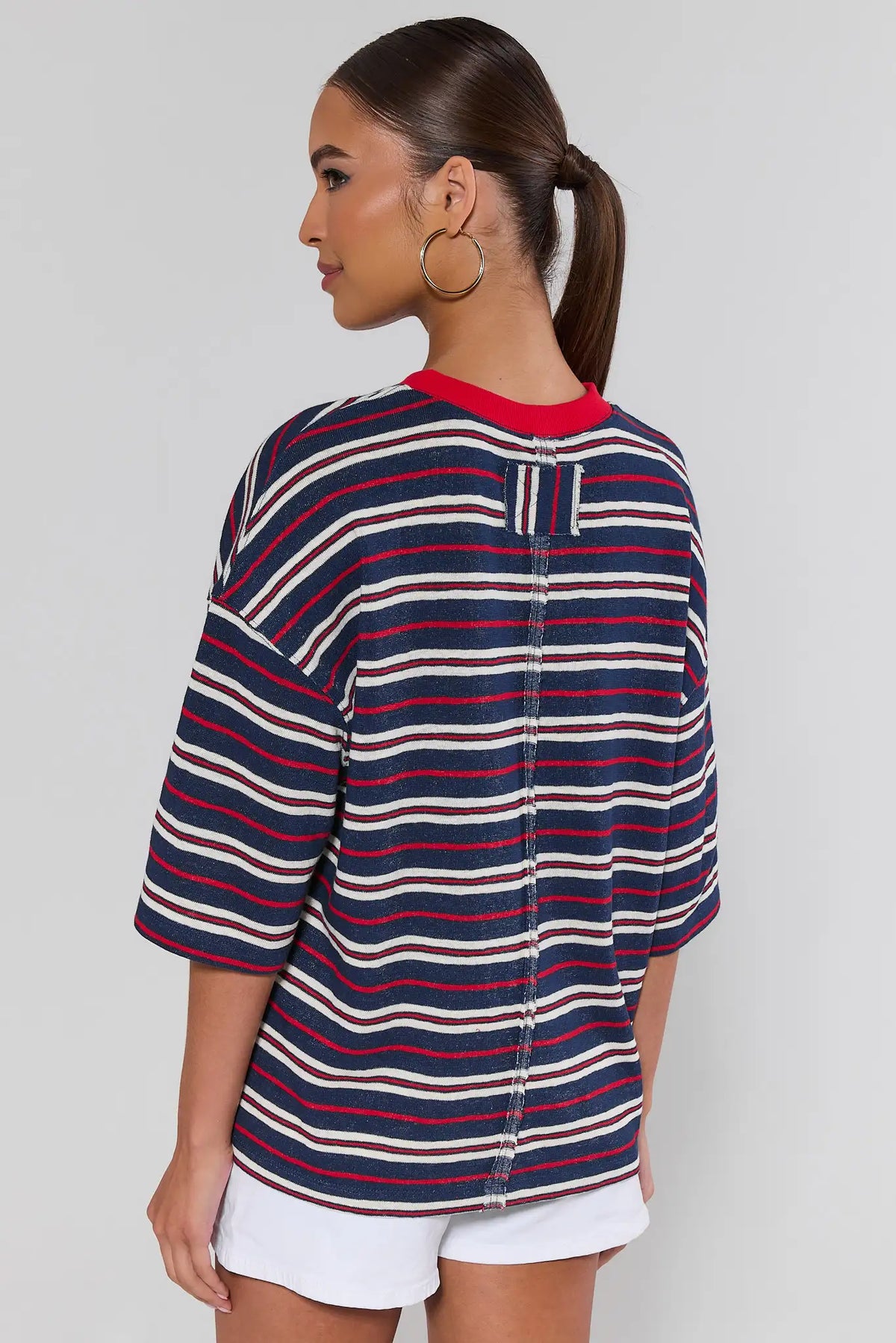 Mary Navy Striped Tee back view showing center seam detail, red, white, navy stripes | Avara
