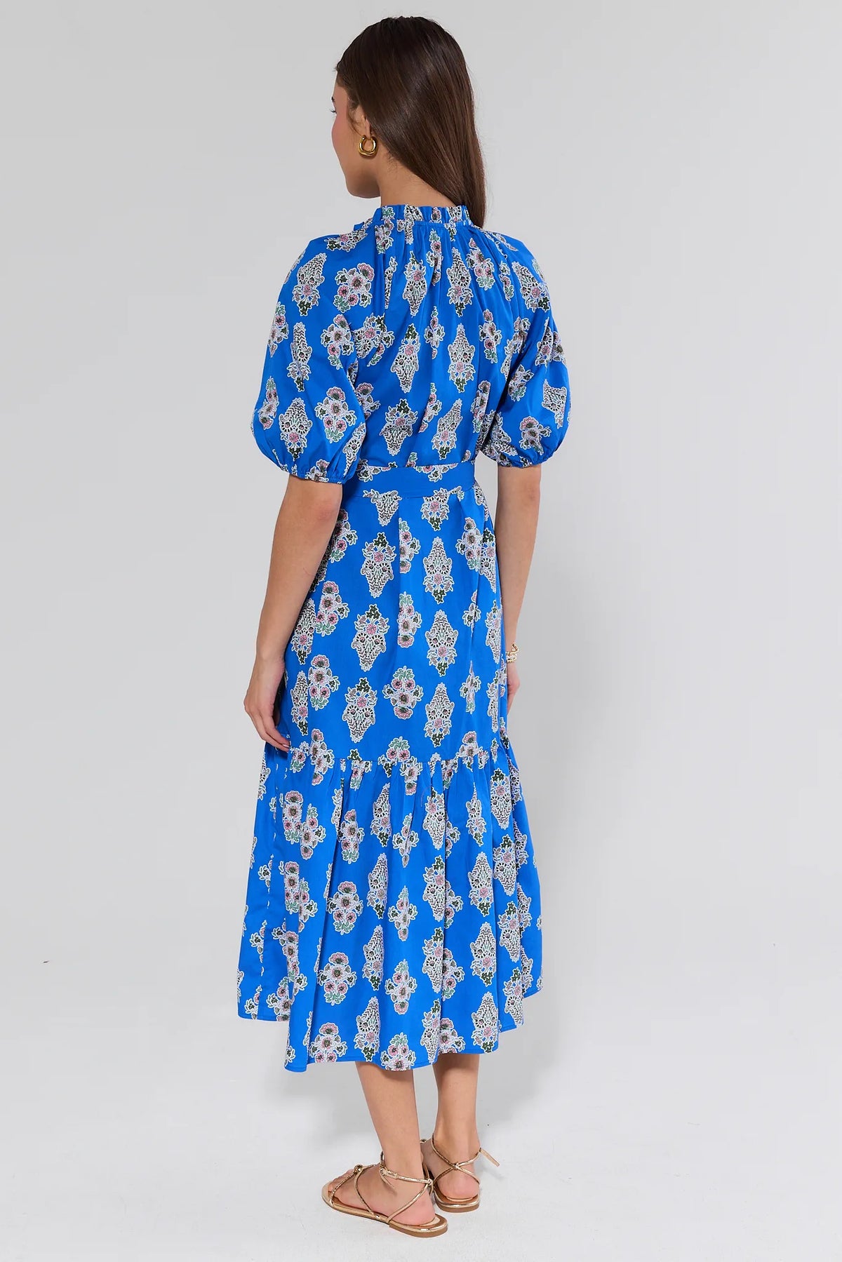 Anita Blue Floral Print Midi Dress, back view showing smocked neckline and tiered hem | Avara