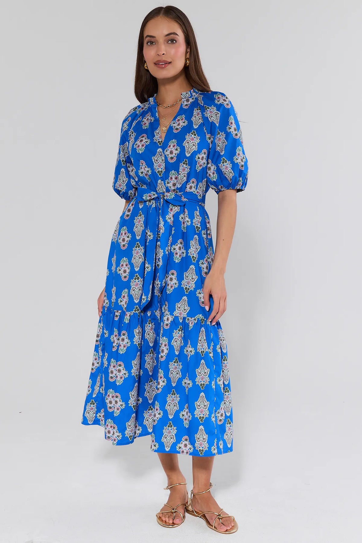 Anita Blue Floral Modest Midi Dress, tiered skirt full-length front view with gold sandals | Avara