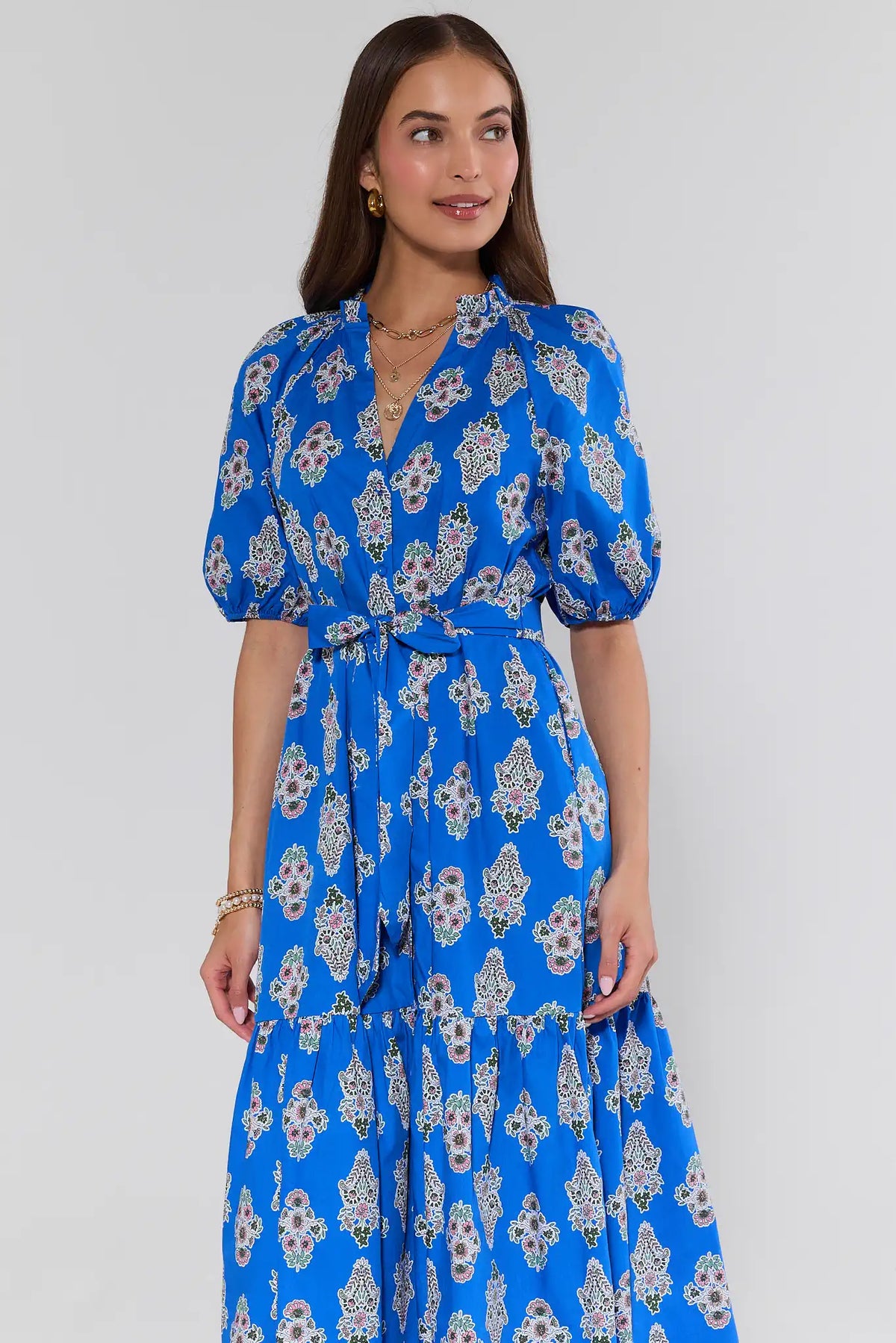 Anita Blue Floral Print Midi Dress, puff sleeve and tie waist detail, front crop view | Avara