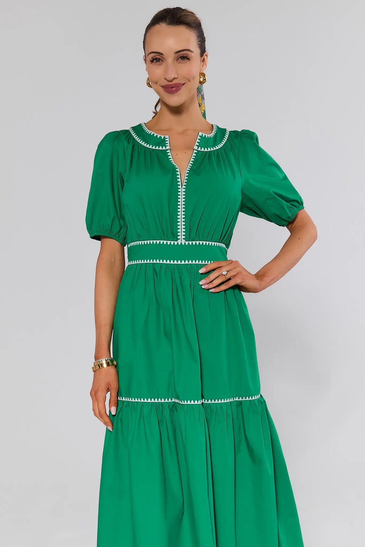 Green contrast trim midi dress with puff sleeves and white whipstitch detail - Front Crop View | Avara